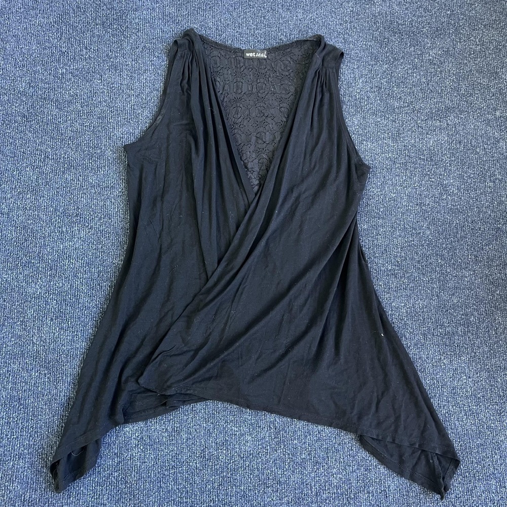 Y2K Wet Seal Shirt Womens Medium‎ Black Sleeveless Draped Wrap Lace Back Hi Low